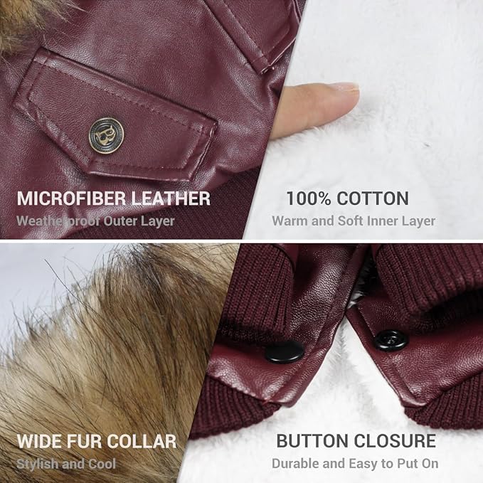LESYPET Dog Leather Jacket for Small Dogs, Waterproof Dog Winter Jacket Puppy Coat with Fleece Lined, Ultra Warm Fur Collar Doggie Coat, Red S