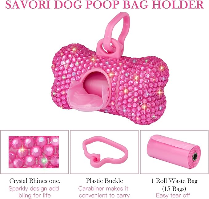 SAVORI Dog Poop Bag Holder Bling Crystal Dog Waste Bags Dispenser for Pet Dog Doggy with Carabiner Clip Includes 1 Roll 15 Bags (Hot Pink)
