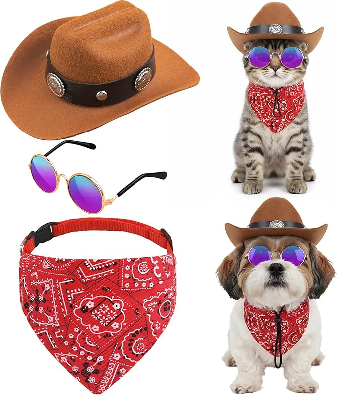 Pet Cowboy Hats Dog Cat Halloween Costumes Cute West Cowboy Hat Bandana Festival Cosplay Accessories (Brown+Red - Medium)