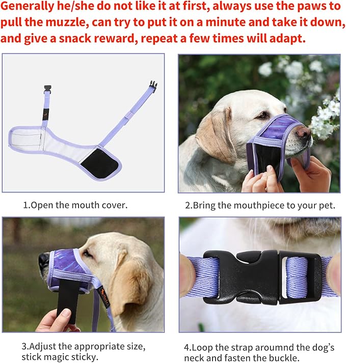 HEELE Dog Muzzle,Soft Nylon Muzzle Anti Biting Barking Chewing,Air Mesh Breathable Drinkable Adjustable Loop Pets Muzzle for Small Medium Large Dogs 4 Colors 4 Sizes (P-Meteor Purple, XL)