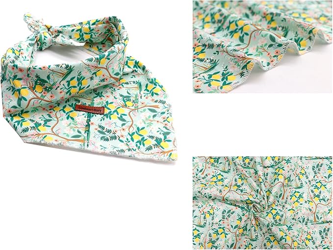Lionheart glory Plaid Dog Bandana 1 Pack Washable Soft Cotton Lemon Flower Bibs Scarf, Adjustable Kerchief Square Dog Bandanas for Large Dogs