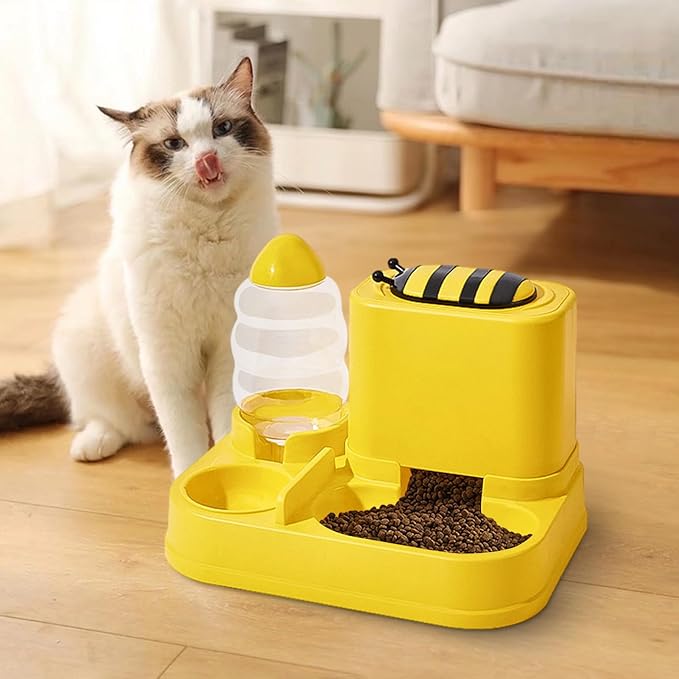 Mangeoirs Et Abreuvoirs Pour Chats, 2 in 1 Bee/Cactus Pets Water and Food Bowl Set, Gamelle Chat, Large Capacity Automatic Cat Feeders Gravity Food Feeder and Waterer Set for Dogs Cats (Green)