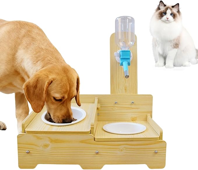 Pet Water Bowl Stand - Adjustable Wooden Dog and Cat Dispenser with 2 Stainless Steel Bowls | Indoor Outdoor Feeding Station for Puppies, Kittens, Small and Medium Pets, Apartment, Balcony, Garden, Ho