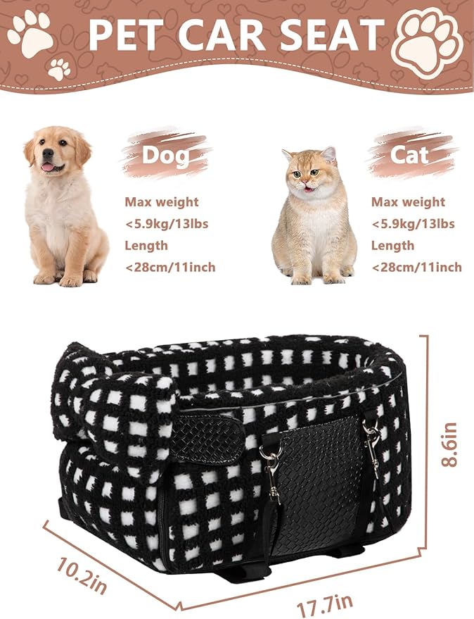 Portable Dog & Cat Car Seat - Under 13 lbs, With Cozy Bow Neck Pillow (Grid-Black)