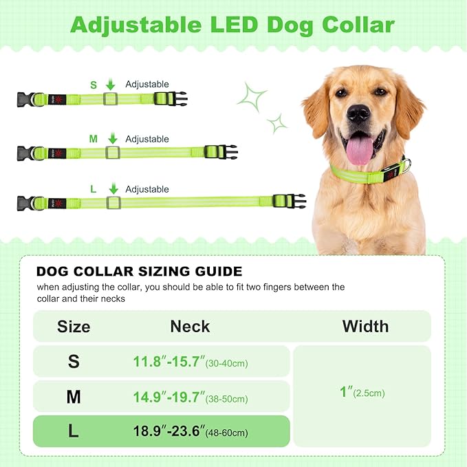 Illumifun Light Up Dog Collar, Rechargeable LED Dog Collar Glow in The Dark, High Visibility Collars Light for Pet Walking at Night (Green, Large)