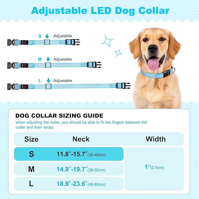 Illumifun Light Up Dog Collar, Rechargeable Water-Resistant LED Dog Collar Glow in The Dark, Flashing Lighted Collars for Pet Walking at Night (Blue, Small)