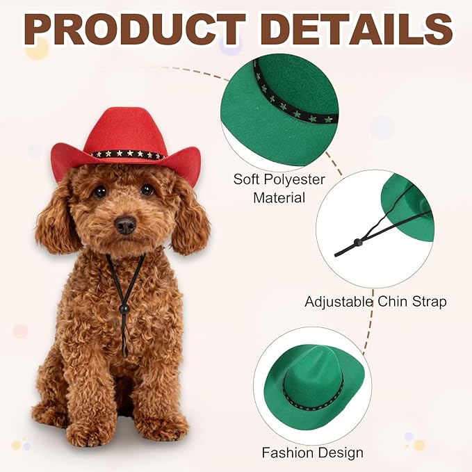 Dog Cowboy Hat, Mini Cowboy Hat for Pet with Chin Strap Adjustable Cosplay Cap, (Green, M), Intended for Dogs and Cats/Halloween Costume/Party Decoration