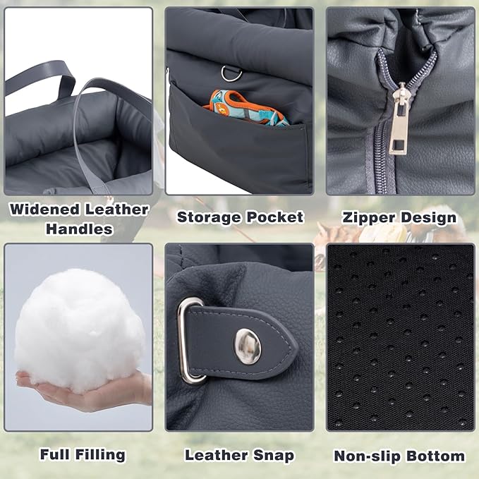 Dog Car Seat for Small & Medium Dogs, 3 in 1 Waterproof Soft Leather Dog Car Bed with Harness Clip, Travel Bed & Carrier Bag for Pets, Fits Pets Up to 35 lbs (Navy Blue, Small & Medium)