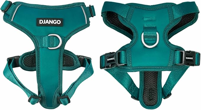 DJANGO Tahoe No Pull Dog Harness – Escape-Proof Dog Harness for Small & Medium with Front & Back Clips for Everyday Use – Adjustable, Padded, Reflective, Secure Fit, Easy On/Off – Dark Teal, Medium