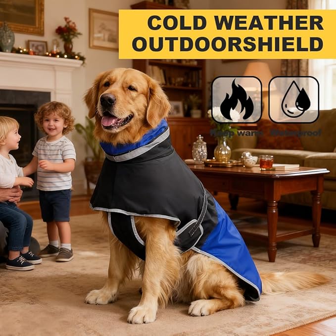 Waterproof Dog Winter Coat, Reflective Turtleneck Fleece Jacket with Snow Protection for Large Dogs, Cold Weather Pet Clothing (Blue, 6XL)