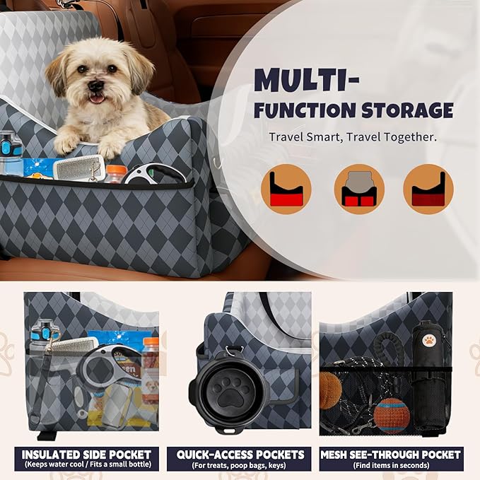 Dog Car Seat for Small/Medium Dogs up to 35lbs, 4-Pocket Storage Memory Foam Dog Booster Seat, Detachable Washable Pet Car Seat with Safety Belt, Outdoor & Indoor Use