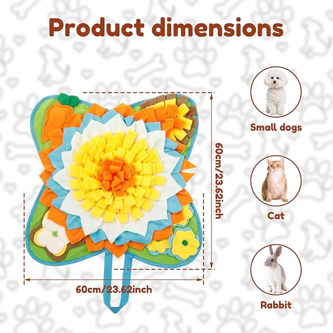 Snuffle Mat for Dogs Cats Rabbits, Plush Fabric Flower Shape Slow Eating Mat with Anti-Slip Bottom, 23.62 x 23.62 inch for Small & Medium, Rabbit Foraging Mats, Relieve Anxiety