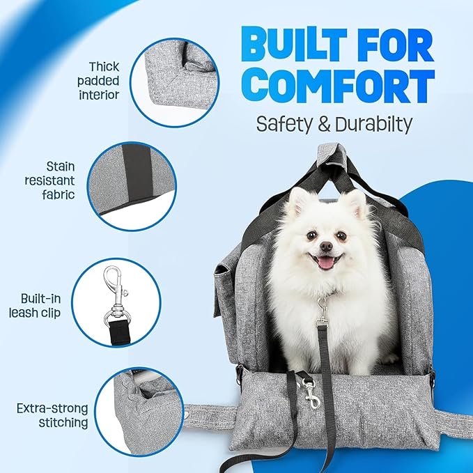 Center Console Dog Car Seat for Small Dogs & Puppies - Travel Carrier for Console with Built-in Safety Leash, Foldable Design, Dual-Sided Cushion, Puppy Booster & Bonus Yellow Chew Toy (Green)