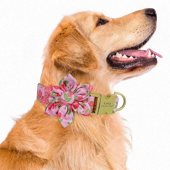 Custom Flower Dog Collar Nylon Floral Printed Pet Dog Collars Personalized Puppy Collar for Small Medium Large Dogs Cat Pitbull 151 Pink L