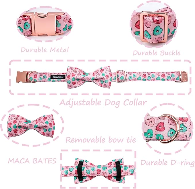 Maca Bates Valentine's Day Dog Collar with Fancy Bow for Medium Girl Boy Dogs,Pink Love Hearts Pattern,Adjustable Durable Soft Valentine Gift for Female Male Puppy