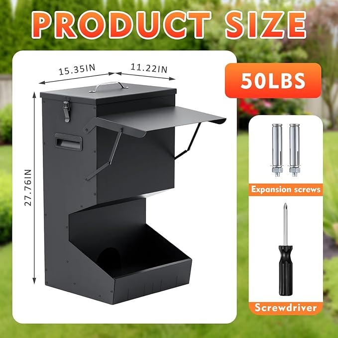 1 Pcs Automatic Dog Feeder with Lid 50 Lbs Capacity Outdoor Dog Feeder Hanging Self Feeding Pet Food Dispenser Pet Food Feeders for Large Dogs Large Breed