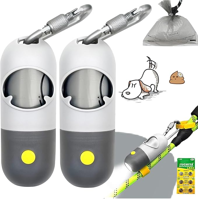 Dog Poop Bags Holder with LED Flashlight|Pet Waste Bags Dispenser for Leash|Doggie Potty Bags Container with Leak-proof Pet Trash Bags and Accessories (Light Gray, 2 Holder 30 Bags)