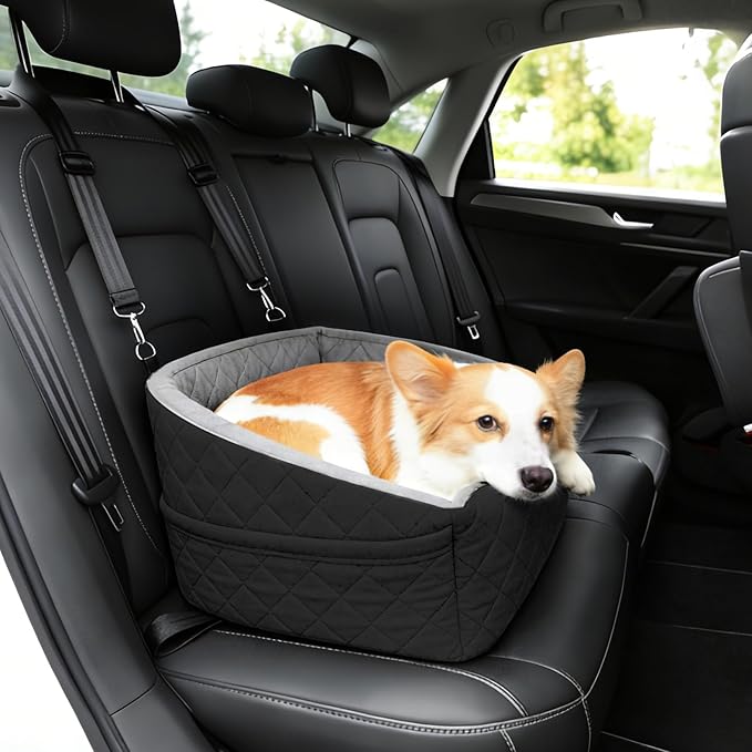 Suitable for Most Vehicles Dog Booster Car Seat for Small Dogs Up to 25-35 Lbs Fully Detachable Machine Washable Cover Adjustable Safety Straps & Leash Non-Slip Bottom with Storage Pockets（Dark Grey）