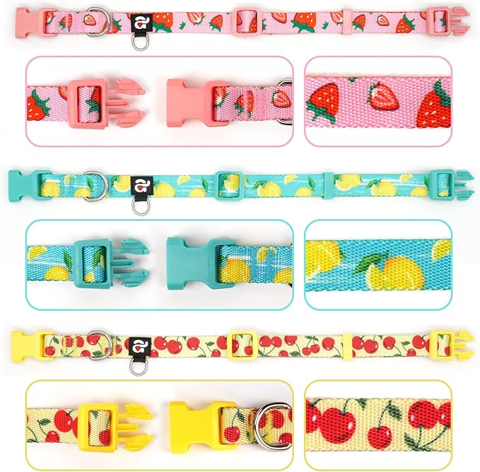 azuza 3 Pack Fruit Design Dog Collars Comfortable and Adjustable Nylon Dog Collars for Large Dogs, L (18-26inch)，Strawberry，Lemon and Cherry
