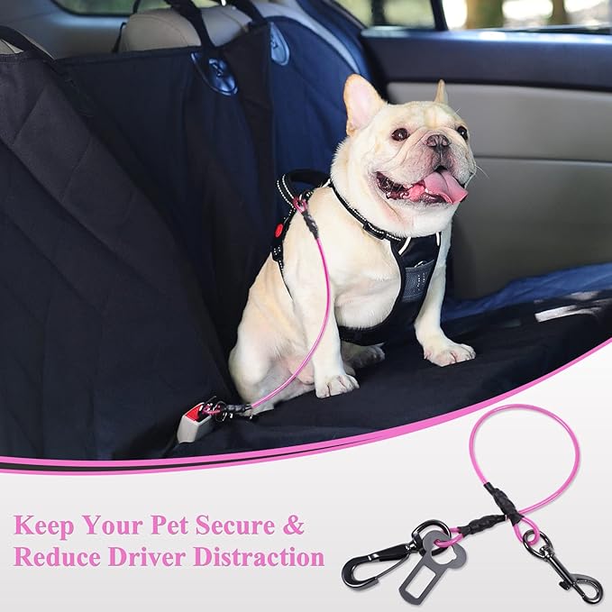 VIVAGLORY Dog Seat Belt Tuffbelt Dog Car Harness, Seatbelt with Clip & Hook for Car Travel, Chew Proof Anti Chew Unchewable Metal Safety Tether Restraint, XS, Pink