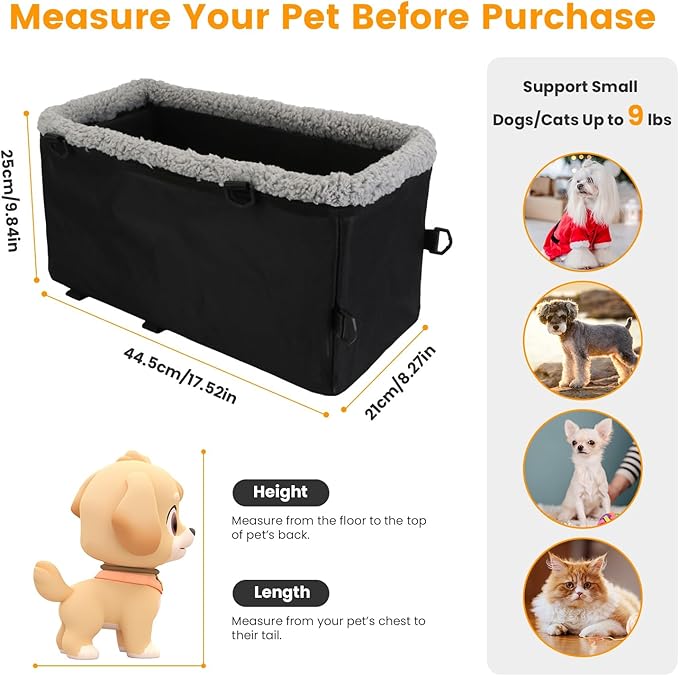 Small Dog Car Seat, Dog Car Carrier with Side Pocket Cotton Velvet Cushion, Portable Travel Pet Car Seat with Harness for Dogs Cats Up to 9LBS