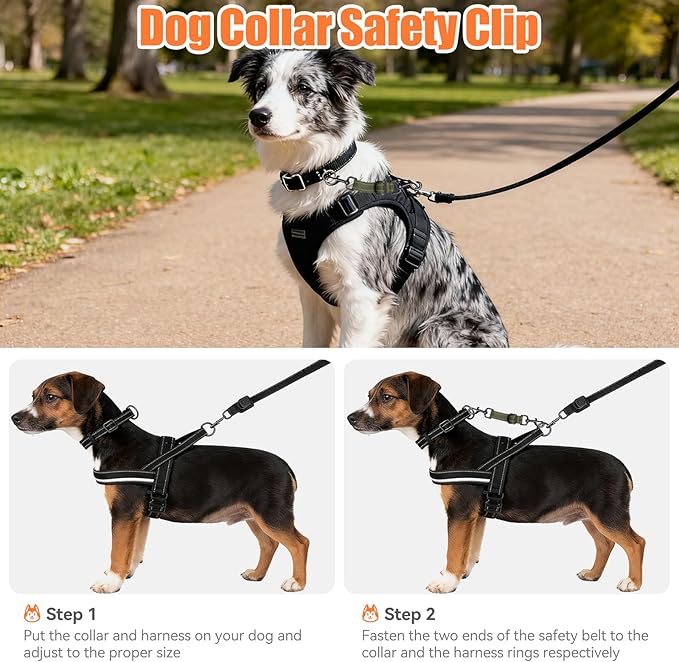 Dog Collar Safety Clip, Adjustable Backup Safety Strap, Double-Ended Leash Connector, High Reflectivity, Suitable for Dog Harnesses to Collar Safety Clips (Army Green)