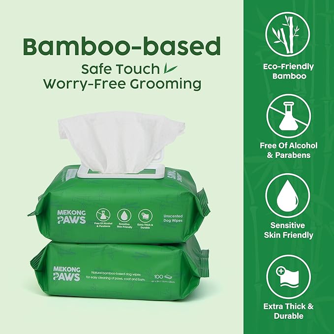 Pet Grooming Wipes - Unscented - Viscose derived from Bamboo - Freshening Wipes for Dog & Cat - Skin-Friendly & Gentle - Thick & Durable for Paws, Coat & Bum Cleansing - 400 Count