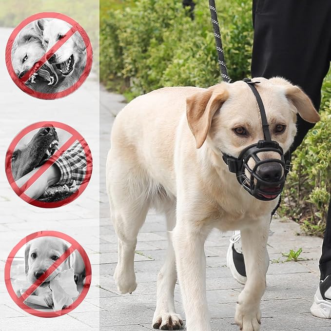 LUCKYPAW Basket Muzzle for Large Medium Small Sized Dogs, Soft Pitbull Muzzle for Rottweiler Bully to Prevent Biting Chewing, Allows to Drink Full Pant, Breathable & Adjustable