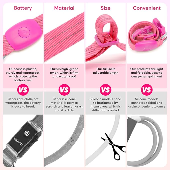 LED Lighted Reflective Dog Collar for Night Safety, USB Rechargeable, Glow Collar for Dogs, Waterproof, Adjustable Flashing (Pink, Small)