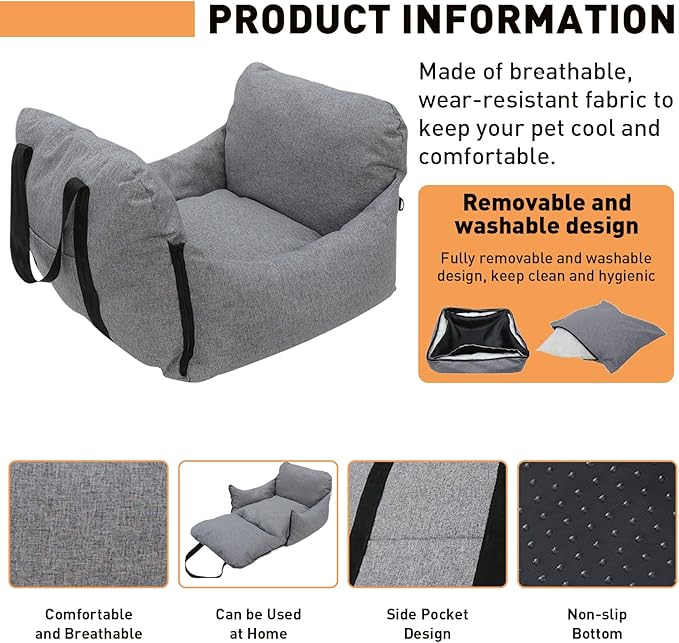 ETIAL Dog Car Seat for Small & Medium Dog, Non-Slip Dog Carriers with Storage Pockets and Dog Safety Leash, Portable Pet Travel Carrier Bed for Car, Truck, and SUV (Grey,22.4"x21.7"x13.8")