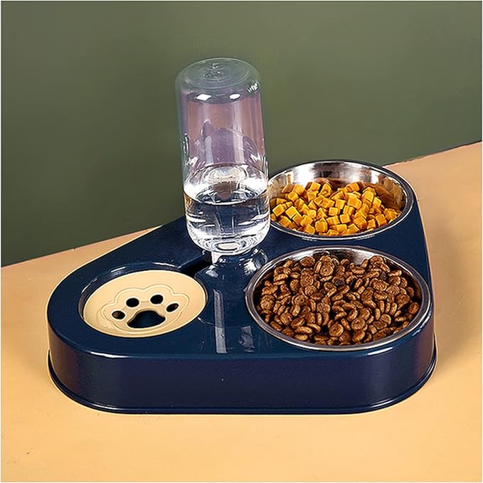 Pet Cat Bowl Automatic Dog 500ML Water Bottle Food Stainless Steel Double 3 Bowls Accessories(Blue,L-37.5x30x30cm)