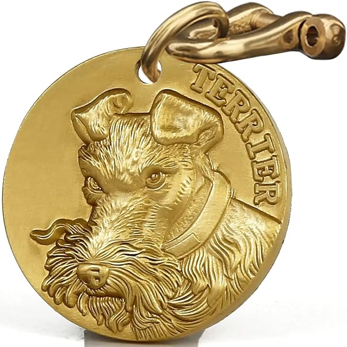 Vintage Pure Copper Personalized Dog Tags, Three-Dimensional Relief Fox Terrier Pattern, Custom Engraved Brass Identification Tags (1 Count, Brass, Round, 1.57*0.13 inches, 1 Label)