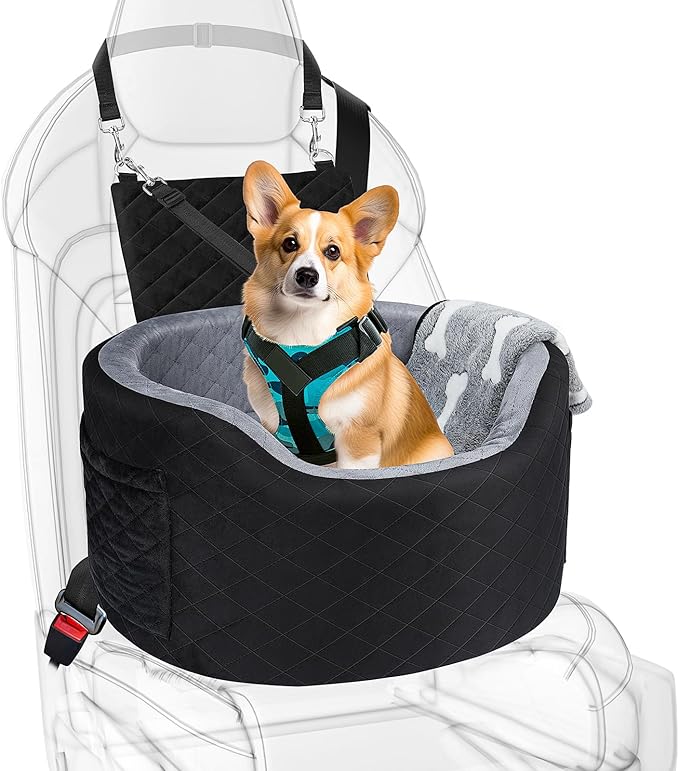 Dog Booster Car Seats for Small Medium Dogs, Fits Dogs Under 19", 28D High-Density Memory Foam with Waterproof Cover, Pet Travel Bed with Storage Pockets, Blanket, Dog Safety Belt, Black