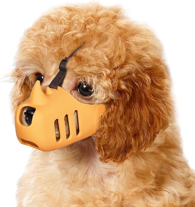 LUCKYPAW Dog Muzzle Soft Muzzle for Small Medium Dog Poodle Dachshund Silicone Cage Mouth Cover for Biting Chewing Funny Rhino Mouth Guard with Adjustable Strap (Yellow, XL-(Snout Cir:8.75-9.5in)