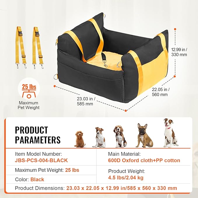 Happybuy Dog Car Seat, Waterproof Dog Booster Seat for Car with Side Handles and A Storage Pocket, Clip-On Safety Leash and PP Cotton Filling, Dog Car Bed for Small Dog up to 25lbs, Black