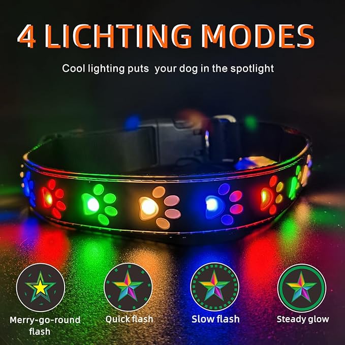 Dog Collar with Lights, 15 Lighting Modes Silicone Pet Collar, USB C Rechargeable LED Dog Collar for Night Safety, Adjustable Soft Glowing Collar for Dogs (PW-Black Pro, XS(7.87-11.8"))