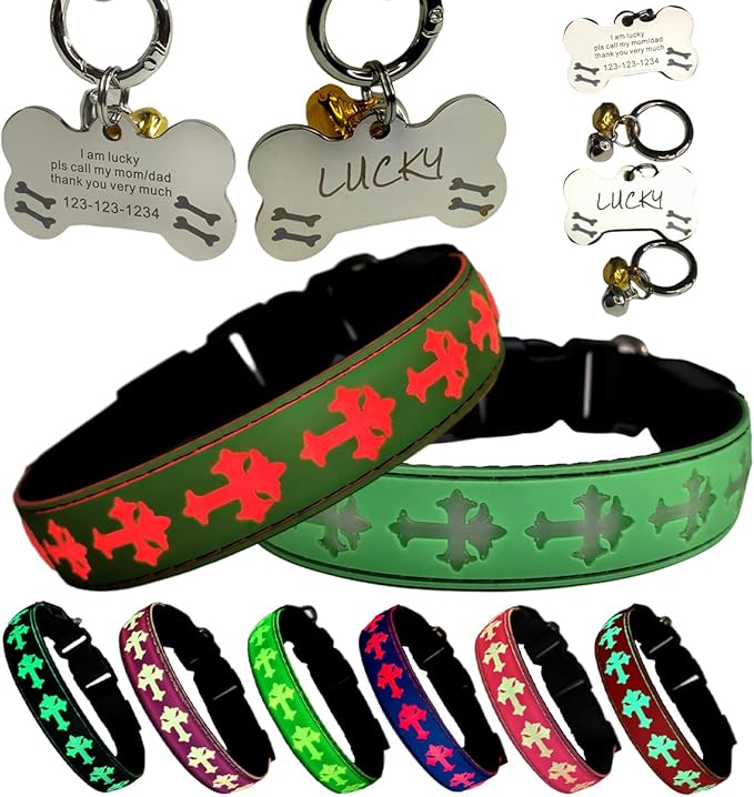 LED Dog Collar with ID Tag Set, Glowing Cross Pattern, Multiple Colors, Silicone Material (Green, S(7.87-11.8"))