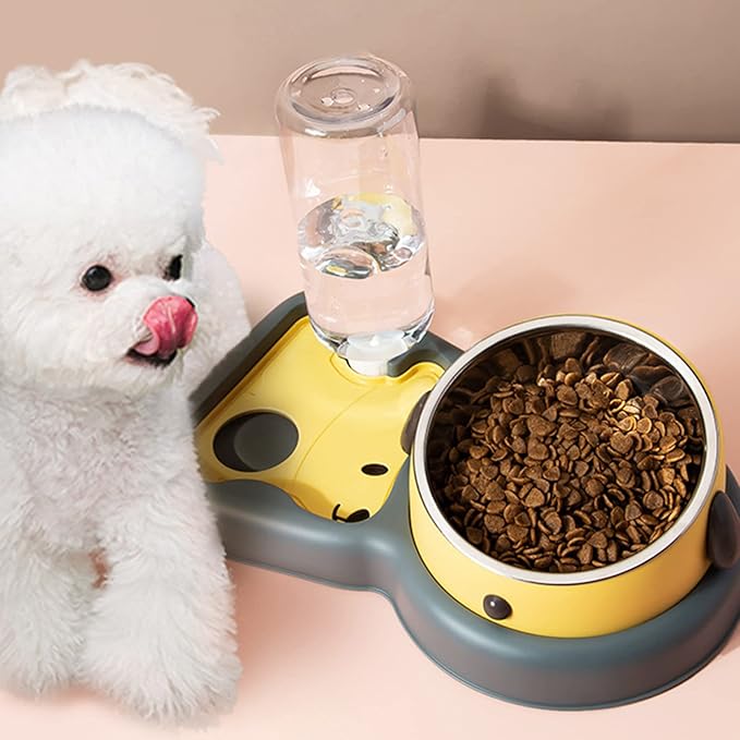 Water and Food Bowl Set, 500ml 2 in 1 Dog Avoid Overturning Automatic Cat Feeder Pet Water Dispenser Double Cat Bowls for Dogs Cats (Yellow 500ml)