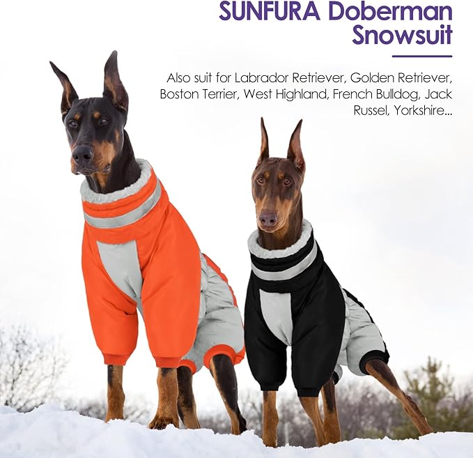 SUNFURA Full Body Dog Coat - Warm Fleece Jacket for Large Dogs, Turtleneck Winter Coats with Harness, Reflective Dog Snowsuit Windproof Puffer Jackets with Legs for Weimaraner, Black XL