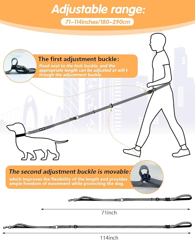 Hands Free Dog Leash, Multifunctional Crossbody Heavy Duty Dog Leash, 9.5 ft Long Waist Belt with Car Safety Buckle for Medium and Large Dogs Walking,Jogging,Running,Training (Grey 5.9-9.5ft).