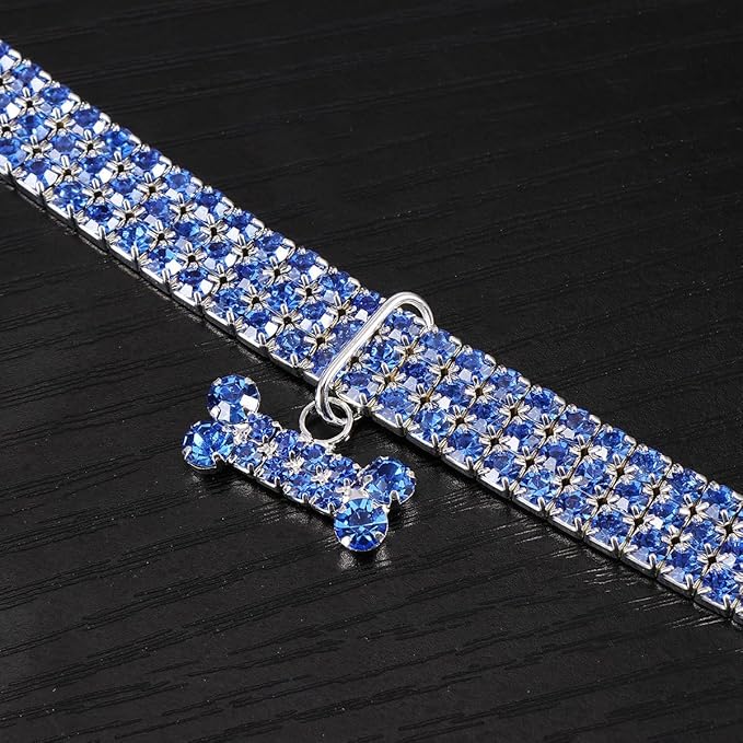 GLEAVI Rhinestone Pet Dog Collar with Adjustable Buckle, Crystal Blue Small Size Collar for Dogs, Luxury Shining Bone Pendant Necklace for Pet Supplies