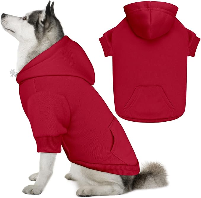 Dog Sweaters for Large Dogs Pet Sweater Solid Soft Brushed Fleece Dog Hoodie Clothes Pet Hoodie Sweatshirt with Pocket(Red-XXL)