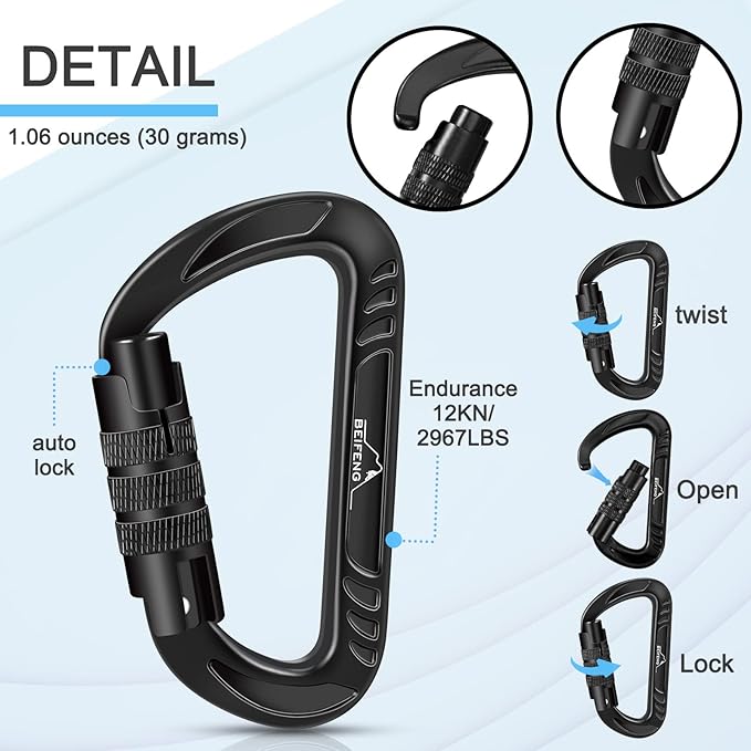 BEIFENG Heavy Duty Lightweight Locking Carabiner Clips D Ring for Camping Hiking Outdoor Gym etc, Carabiner with Lock Small Carabiners for Dog Leash & Harness