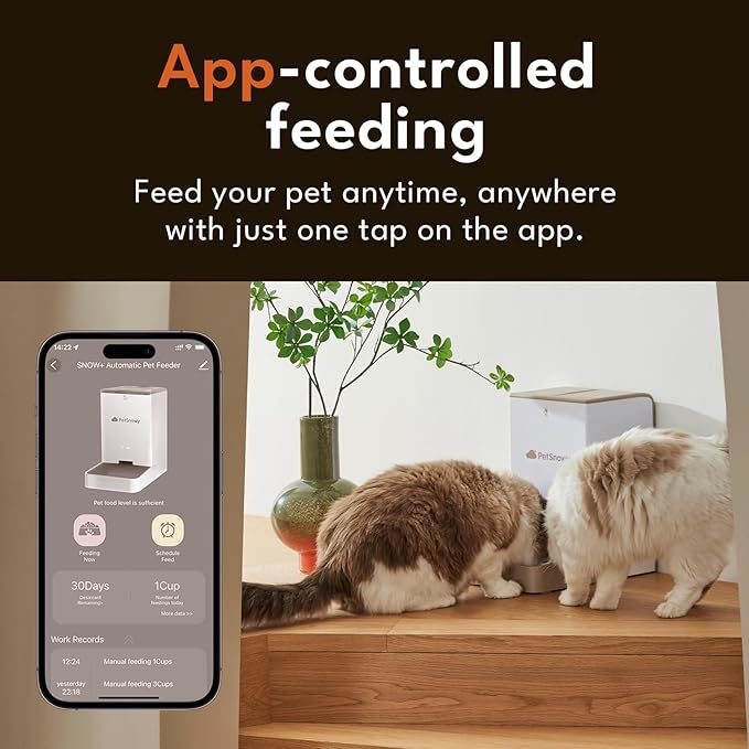 PetSnowy Snow+ Automatic Cat Feeder, Wi-Fi Enabled Automatic Cat Food Dispenser with APP Control, 4L Automatic Dog Feeder with Dual Power Supply, 1-10 Meal Per Day