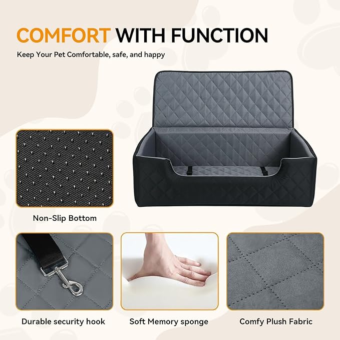 Dog Car Seat for Large Medium Dogs, Dog Booster Seat for 2 Small Dogs Memory Foam, Travel Safe Bed with Safety Belts Detachable Washable, Anti-Slip Base
