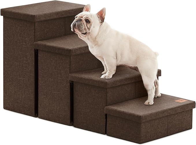 Love's cabin Dog Stairs for Small Medium or Large Dogs with Storage and Adjustable Steps,Foldable Dog Steps for Bed or Couch,4-Step Coffee Folding Cat Pet Ramp with Zip up to 200 lbs,Coffee