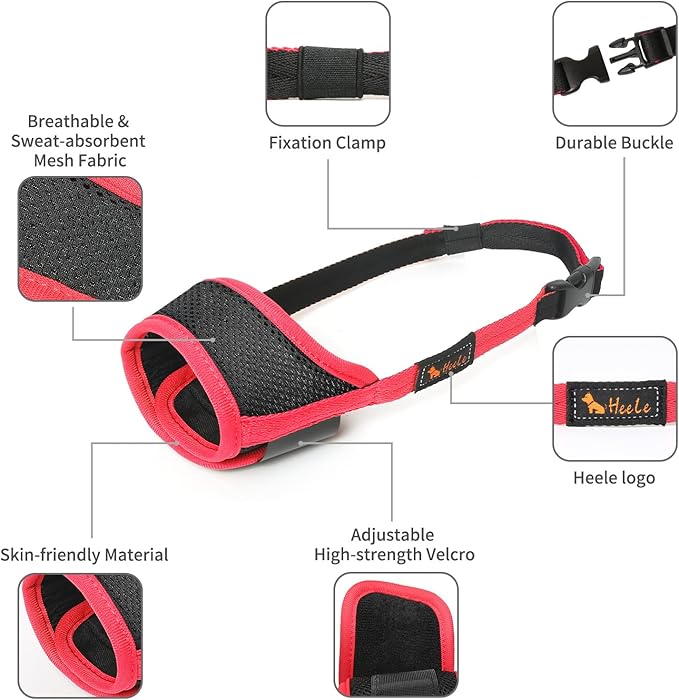 HEELE Dog Muzzle,Soft Nylon Muzzle Anti Biting Barking Chewing,Air Mesh Breathable Drinkable Adjustable Loop Pets Muzzle for Small Medium Large Dogs 4 Colors 4 Sizes (Red, L)