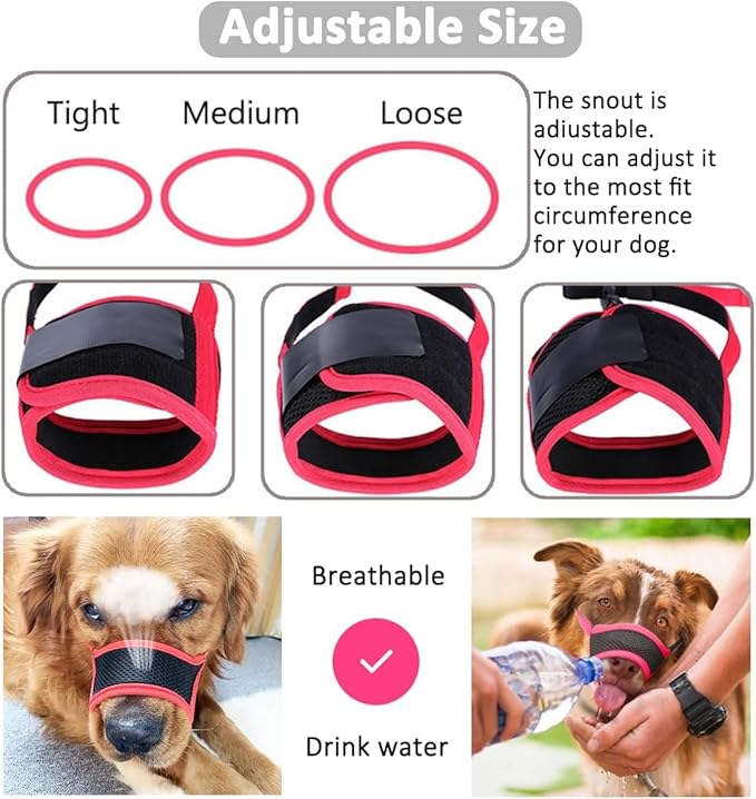 LUCKYPAW Dog Muzzle Anti Biting Barking and Chewing with Comfortable Mesh Soft Fabric and Adjustable Strap, Suitable for Small, Medium and Large Dogs(Red Trim,L)