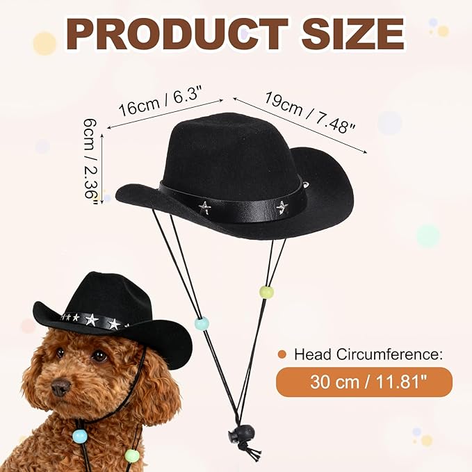 Dog Cowboy Hat, Mini Cowboy Hat for Pet with Chin Strap Adjustable Cosplay Cap Star Decor, (Black, L), Intended for Dogs and Cats/Halloween Costume/Party Decoration