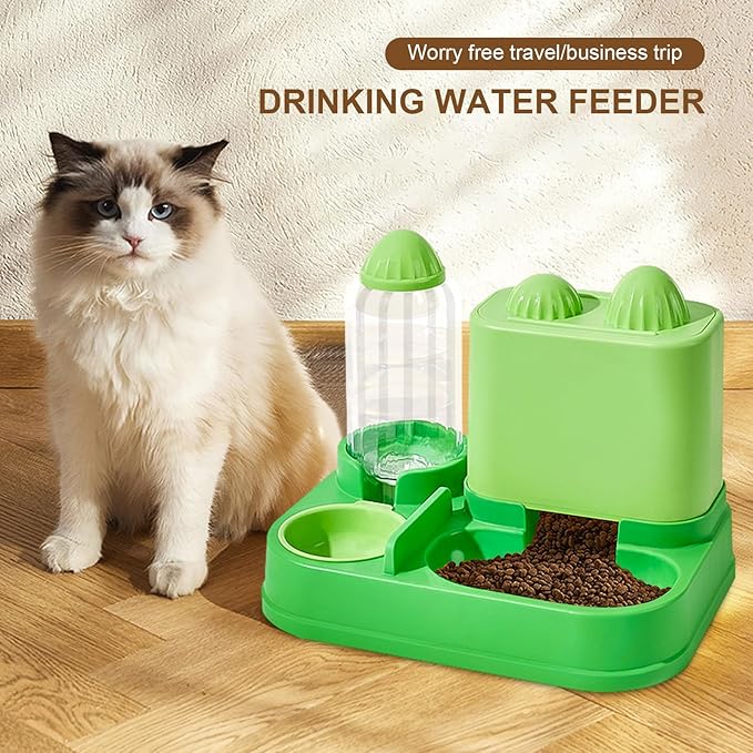 Mangeoirs Et Abreuvoirs Pour Chats, 2 in 1 Bee/Cactus Pets Water and Food Bowl Set, Gamelle Chat, Large Capacity Automatic Cat Feeders Gravity Food Feeder and Waterer Set for Dogs Cats (Green)